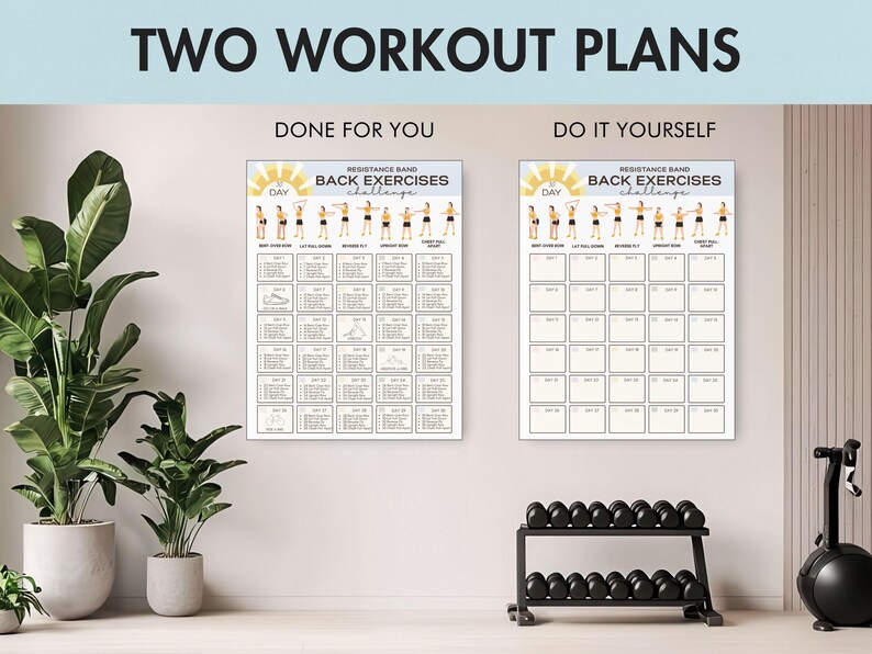 以下が含まれることがあります： 「Done For You」と「Do It Yourself」と書かれた2つのワークアウトプランが表示されています。各プランは、太陽のグラフィックが付いた「Resistance Band Back Exercises Challenge」です。黒いダンベルラックとエクササイズバイクが背景にあります。