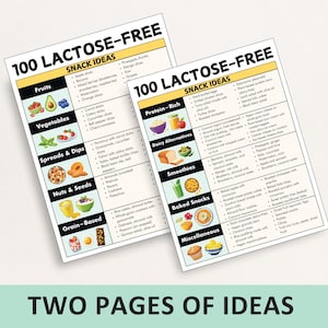 Puede incluir: Dos p&aacute;ginas de ideas de refrigerios imprimibles para personas con intolerancia a la lactosa. Las p&aacute;ginas se titulan "100 ideas de refrigerios sin lactosa" y presentan ilustraciones coloridas de varios alimentos.