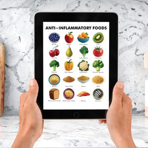May include: A tablet displays a colorful infographic titled "ANTI-INFLAMMATORY FOODS." The image showcases various fruits, vegetables, grains, and fish, including berries, apples, kiwi, tomatoes, and salmon. The tablet is held in front of a marble countertop.