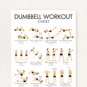 Può includere: Un poster bianco con la scritta "DUMBBELL WORKOUT CHEST" in alto. Sotto, esercizi illustrati con manubri, tra cui Lying Chest Press, Floor Chest Press e Standing Chest Curls. Ogni esercizio è etichettato.