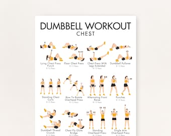 May include: A white poster with the text "DUMBBELL WORKOUT CHEST" at the top. Below are illustrated dumbbell exercises, including Lying Chest Press, Floor Chest Press, and Standing Chest Curls. Each exercise is labeled with the name and rep range.