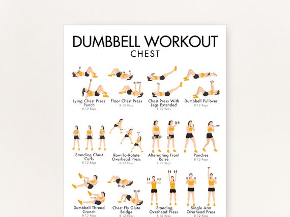 Dumbbell Exercises Chest PDF, Chest Workout with Dumbbells, Print it Yourself in Four Sizes: 8.5x11, 16x20, A4, or A3