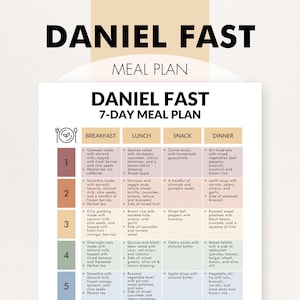 May include: A white meal plan titled "DANIEL FAST" with a 7-day meal plan. The plan is divided into breakfast, lunch, snack, and dinner sections. Each section lists meal ideas, including oatmeal, smoothies, and quinoa salad.