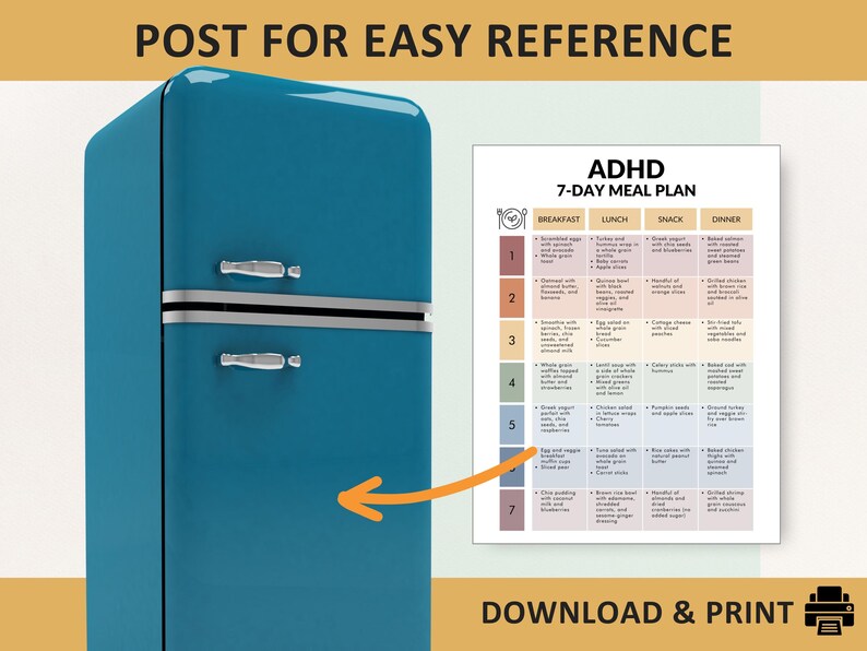 K&ouml;nnte beinhalten: Ein t&uuml;rkisfarbener Retro-K&uuml;hlschrank mit silbernen Griffen und Zierleisten. Daneben befindet sich ein gedruckter 7-Tage-Essensplan f&uuml;r ADHS mit dem Text "ADHD 7-DAY MEAL PLAN". Der Text "DOWNLOAD & PRINT" steht unten.