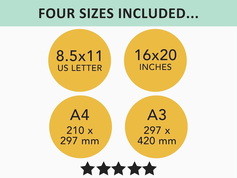 May include: Four sizes of printable paper sizes are shown in yellow circles with black text. The sizes are 8.5x11 US Letter, 16x20 inches, A4 210 x 297 mm, and A3 297 x 420 mm.