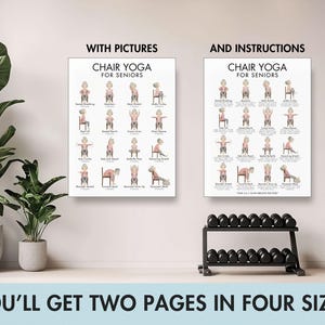 May include: Two posters with chair yoga instructions for seniors. One poster has illustrations, the other has instructions. The text reads "Chair Yoga for Seniors". The image also includes a weight rack, exercise equipment, and plants.