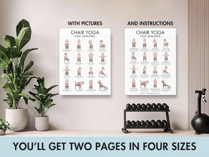 May include: Two posters with chair yoga instructions for seniors. One poster has illustrations, the other has instructions. The text reads "Chair Yoga for Seniors". The image also includes a weight rack, exercise equipment, and plants.