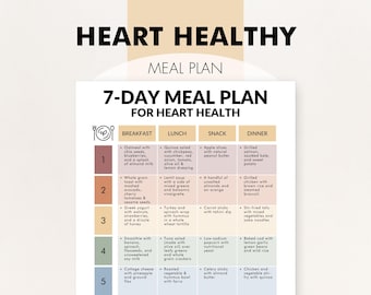 7-Day Heart Healthy Meal Plan, Heart Healthy Meal Plan to Lower Cholesterol, Low Cholesterol Meal Plan, Printable PDF, Easy Recipe Ideas