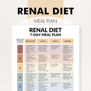 Può includere: Un piano alimentare bianco intitolato "Renal Diet" con il testo "7-Day Meal Plan". Il piano è diviso in sezioni colazione, pranzo, merenda e cena. Ogni sezione elenca gli alimenti per ogni giorno della settimana. La parte superiore del piano recita "Renal Diet".