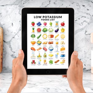 May include: A digital tablet displaying a list of low potassium foods. The list includes images of fruits, vegetables, grains, dairy, and other foods. The tablet is being held by a person's hands.