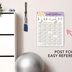 May include: A wall-mounted "Resistance Band Core Workout Challenge" poster with illustrations of exercises. The poster is next to a white cabinet, a gray jump rope, and a gray exercise ball. The text "Post for Easy Reference" is below the poster.