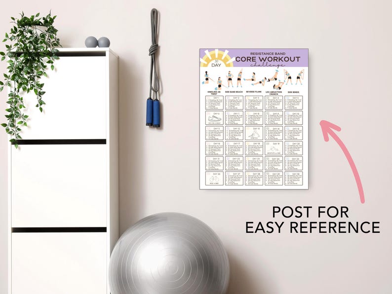 May include: A wall-mounted "Resistance Band Core Workout Challenge" poster with illustrations of exercises. The poster is next to a white cabinet, a gray jump rope, and a gray exercise ball. The text "Post for Easy Reference" is below the poster.