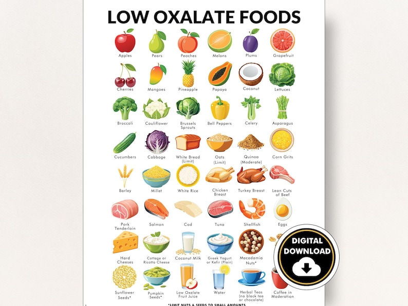 Dieta com baixo teor de oxalato, lista de alimentos com baixo teor de oxalato, PDF imprimível de alimentos com baixo teor de oxalato. imagem 1