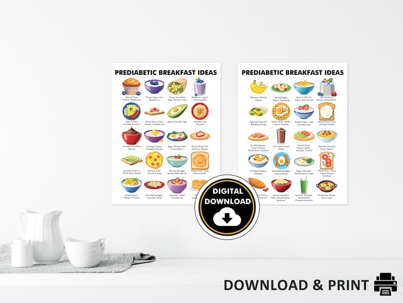 May include: Two printable charts with the title "Prediabetic Breakfast Ideas" featuring colorful illustrations of breakfast foods. The charts are on a white background and have a digital download button.