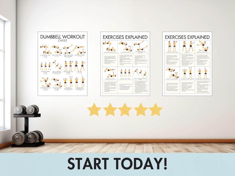 May include: Three framed workout posters on a white wall, with the text "Dumbbell Workout Chest" and "Exercises Explained." The posters show exercise diagrams. A black dumbbell rack with weights is on the left. The text "START TODAY!" is at the bottom.