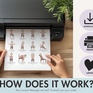 May include: A printed sheet from a printer featuring illustrations of various yoga poses, including Heel Lift, Second March, and Cactus Arms. The sheet is held by hands and includes the text "HOW DOES IT WORK?" and icons for download, print, and love.