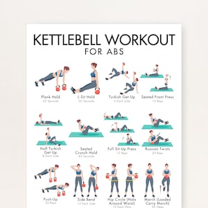 Kettlebell buikspieroefeningen (pdf), Kettlebell buikspieroefeningen: afdrukbare routine met afbeeldingen en instructies, download vandaag nog in vier maten!