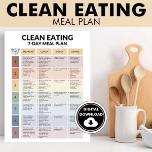 Schoon eten maaltijdplan, 7-dagen maaltijdplan voor schoon eten, afdrukbare pdf, eenvoudige ideeën voor gezond eten, hele, onverwerkte voedingsmiddelen gebruiken
