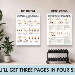 May include: Two framed workout posters with dumbbell exercises and instructions. The text "THE ROUTINE DUMBBELL WORKOUT CHEST" and "INSTRUCTIONS EXERCISES EXPLAINED" are visible. A black dumbbell rack and exercise bike are in the background. The text "YOU'LL GET THREE PAGES IN FOUR SIZES" is at the bottom.