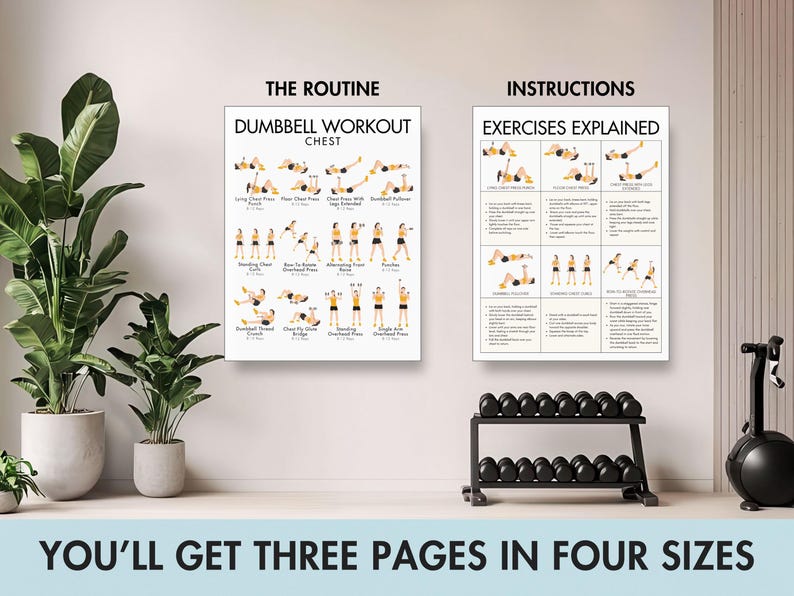 May include: Two framed workout posters with dumbbell exercises and instructions. The text "THE ROUTINE DUMBBELL WORKOUT CHEST" and "INSTRUCTIONS EXERCISES EXPLAINED" are visible. A black dumbbell rack and exercise bike are in the background. The text "YOU'LL GET THREE PAGES IN FOUR SIZES" is at the bottom.