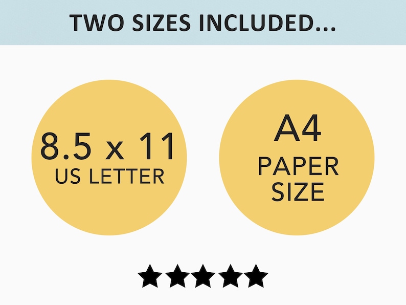 May include: Image shows two yellow circles with text indicating paper sizes. The first circle states "8.5 x 11 US LETTER", and the second circle states "A4 PAPER SIZE". The text "TWO SIZES INCLUDED..." is at the top.