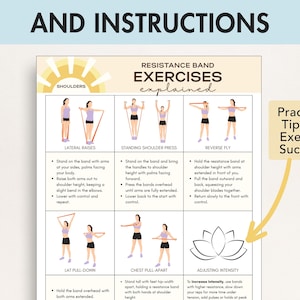 May include: A white and beige exercise guide with illustrations demonstrating resistance band exercises for shoulders. The guide includes text instructions and a section titled "Practical Tips for Exercise Success!"