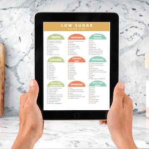 May include: A digital tablet displaying a low sugar food list with categories for fruits, vegetables, whole grains, legumes, healthy fats, proteins, dairy and alternatives, beverages, and nuts and seeds. The list is organized in a grid format with each category having a colored background.