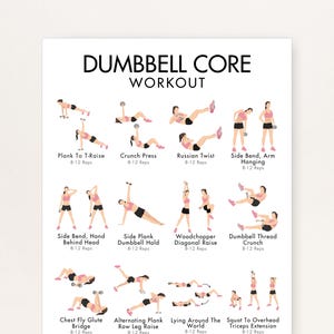 Peut inclure: Une affiche blanche présentant un "DUMBBELL CORE WORKOUT". Elle illustre des exercices avec des haltères, avec le nom de l'exercice et les répétitions recommandées (8-12 répétitions) en dessous de chaque image. L'affiche est conçue pour les routines de fitness.