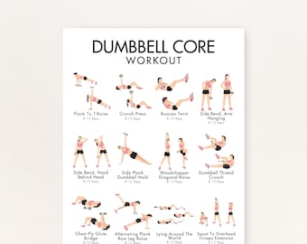 Bauchmuskulatur-Stärkungsübungen, Bauchtraining mit Gewichten, druckbare Routine, Hantel-Übungen für Bauch, Druck-PDF (vier Größen)