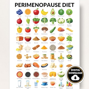 Liste des aliments diététiques pour la périménopause, aide au régime alimentaire pour la périménopause, tableau PDF pour vous aider à magasiner et planifier vos repas pour la périménopause