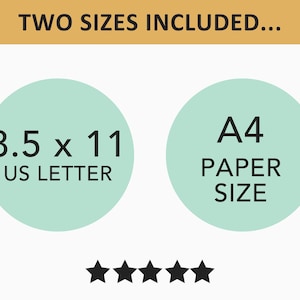 May include: Image features text "TWO SIZES INCLUDED..." above two light green circles. The left circle says "8.5 x 11 US LETTER" and the right circle says "A4 PAPER SIZE". Below are five black stars.