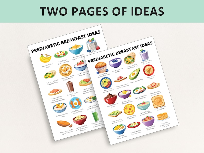 May include: Two pages of breakfast ideas for people with prediabetes. The pages are filled with colorful illustrations of different breakfast foods, including eggs, yogurt, fruit, and whole grain toast. The text "Prediabetic Breakfast Ideas" is at the top of each page.
