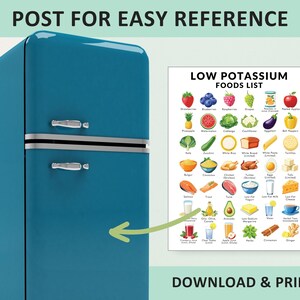 May include: A printable poster with a blue refrigerator on the left and a white poster on the right. The poster lists low potassium foods with colorful illustrations of each food. The text on the poster reads "Low Potassium Foods List".