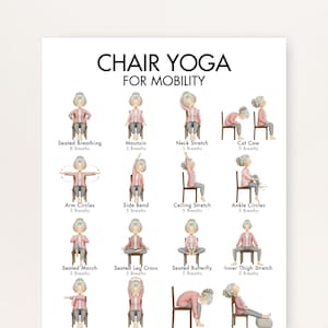 May include: A poster titled "Chair Yoga for Mobility" displays illustrations of various chair yoga poses. Each pose is demonstrated by a figure in a pink top and gray pants, with instructions for breaths. The poses include Seated Breathing, Mountain, and Neck Stretch.