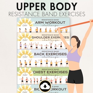 Peut inclure: Illustration d'exercices du haut du corps avec des bandes de résistance. L'image présente une femme démontrant des exercices avec une bande de résistance. Le texte comprend des défis "Arm Workout", "Shoulder Exercises", "Back Exercises" et "Chest Exercises".