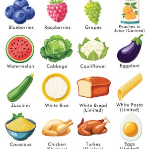 May include: An illustration of various fruits, vegetables, grains, and other food items. The image includes strawberries, blueberries, raspberries, grapes, peaches in juice, peeled apples, pineapple, watermelon, cabbage, cauliflower, eggplant, bell peppers, kale, zucchini, white rice, white bread, white pasta, tortillas, bulgur, couscous, chicken, turkey, eggs, and tofu.