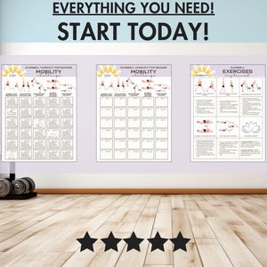 K&ouml;nnte beinhalten: Drei Trainingspl&auml;ne mit dem Text &bdquo;EVERYTHING YOU NEED! START TODAY!&ldquo;. Die Pl&auml;ne sind f&uuml;r Hanteltrainings mit &Uuml;bungsabbildungen. Hanteln liegen vor den Pl&auml;nen auf dem Boden. Die Pl&auml;ne befinden sich an einer hellvioletten Wand.