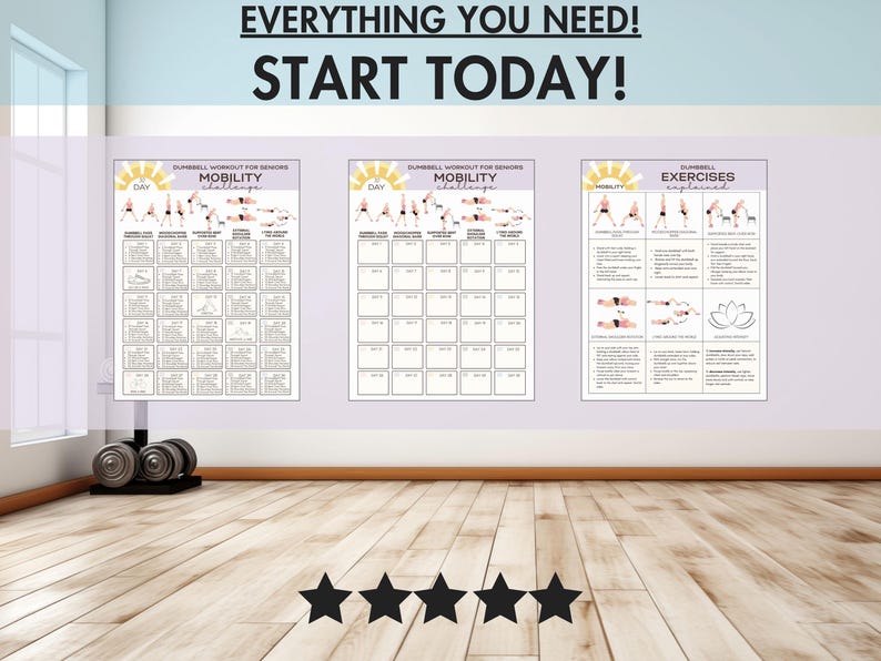 K&ouml;nnte beinhalten: Drei Trainingspl&auml;ne mit dem Text &bdquo;EVERYTHING YOU NEED! START TODAY!&ldquo;. Die Pl&auml;ne sind f&uuml;r Hanteltrainings mit &Uuml;bungsabbildungen. Hanteln liegen vor den Pl&auml;nen auf dem Boden. Die Pl&auml;ne befinden sich an einer hellvioletten Wand.