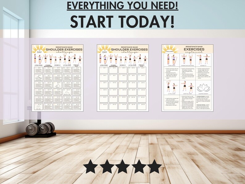 May include: Three exercise charts with the text "EVERYTHING YOU NEED! START TODAY!" are displayed on a wall. The charts detail shoulder exercises. Dumbbells are on the floor in front of the wall. The image also includes a five-star rating.