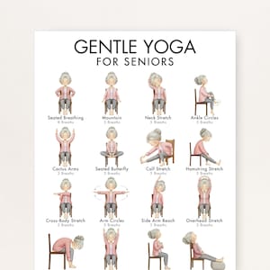 May include: A poster titled "Gentle Yoga for Seniors" displays illustrations of various yoga poses, including Seated Breathing, Mountain, and Cactus Arms. Each pose is demonstrated by a senior woman in a pink top and gray pants. The poster includes the text "5 Breaths".