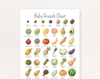 Tabela de crescimento do bebê, tabela de crescimento da gravidez, tamanho fetal em frutas e vegetais, imprima você mesmo nos tamanhos 8,5x11, 11x14, 18x24, A4 ou A3.