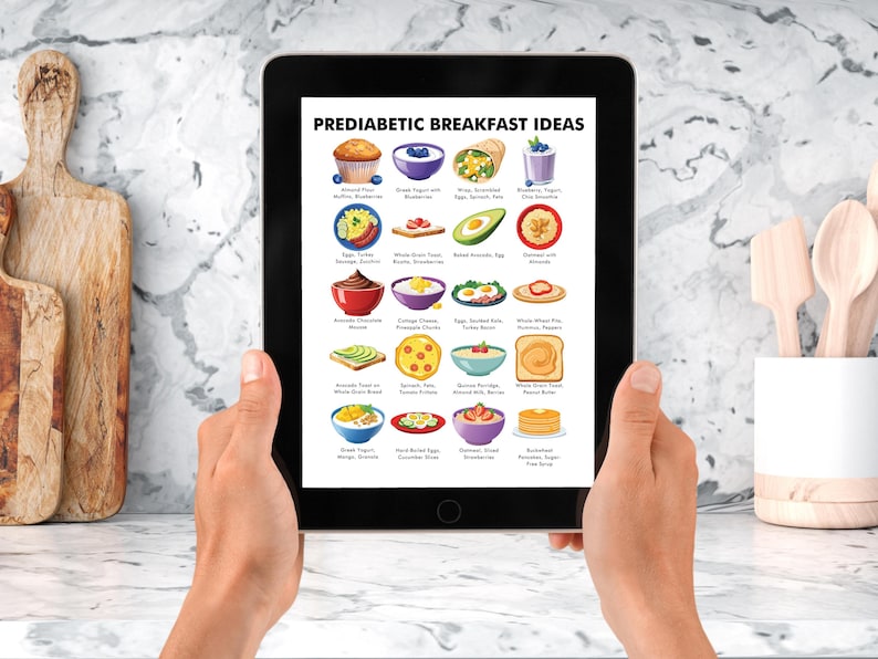 May include: A digital tablet displaying a list of 24 prediabetic breakfast ideas. Each idea is illustrated with a colorful cartoon image of the food. The list includes foods like Greek yogurt with blueberries, avocado toast, and scrambled eggs with spinach.