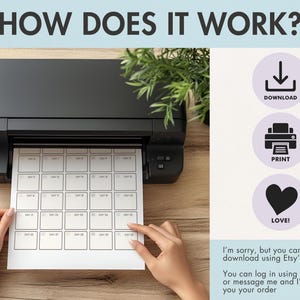 May include: A black printer printing a calendar sheet with numbered boxes. The text "HOW DOES IT WORK?" is at the top. Icons for download, print, and love are on the right. The text "I'm sorry, but you can't download using Etsy's app yet..." is also visible.
