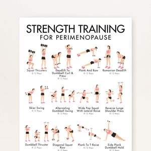 May include: A white poster with the text "STRENGTH TRAINING FOR PERIMENOPAUSE" and illustrations of various exercises. The exercises include Squat Thrusters, Deadlift to Dumbbell Curl & Press, Plank and Row, and Romanian Deadlift.