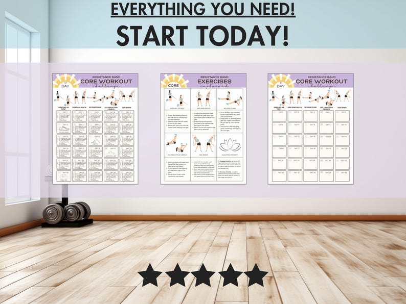 May include: Three workout charts with the text "Everything You Need! Start Today!" are displayed on a wall. The charts are labeled "Core Workout" and "Exercises". Dumbbells are on the floor in front of the wall. The floor is made of wood.