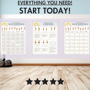 以下が含まれることがあります： 「EVERYTHING YOU NEED! START TODAY!」と「BACK EXERCISES」のテキストが入った3つのエクササイズチャート。チャートにはエクササイズのイラストが描かれています。ダンベルがチャートの前に床に置かれています。画像には5つ星評価も含まれています。