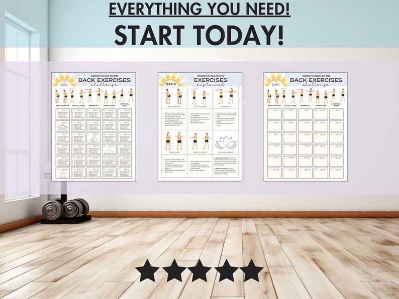 以下が含まれることがあります： 「EVERYTHING YOU NEED! START TODAY!」と「BACK EXERCISES」のテキストが入った3つのエクササイズチャート。チャートにはエクササイズのイラストが描かれています。ダンベルがチャートの前に床に置かれています。画像には5つ星評価も含まれています。