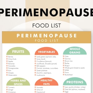 Puede incluir: Un gr&aacute;fico colorido titulado "Lista de alimentos para la perimenopausia" con tres secciones: Frutas, Verduras y Granos enteros. Cada secci&oacute;n enumera alimentos que son beneficiosos para las mujeres que atraviesan la perimenopausia.