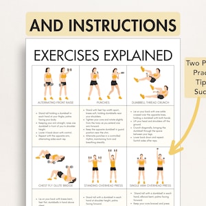 May include: A white poster with the text "AND INSTRUCTIONS" and "EXERCISES EXPLAINED". The poster illustrates various exercises with dumbbells, including alternating front raise, punches, and dumbbell thread crunch. It also includes the text "Two Pages of Practical Tips for Success!"