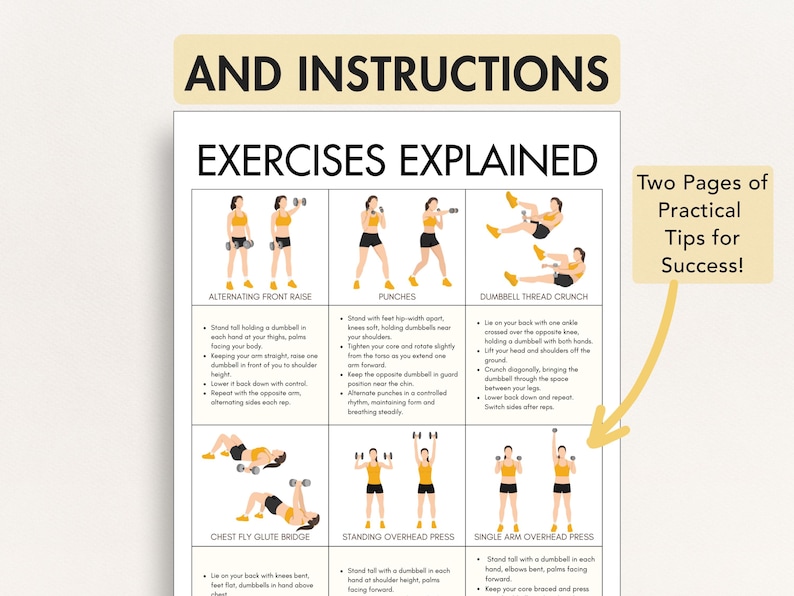 May include: A white poster with the text "AND INSTRUCTIONS" and "EXERCISES EXPLAINED". The poster illustrates various exercises with dumbbells, including alternating front raise, punches, and dumbbell thread crunch. It also includes the text "Two Pages of Practical Tips for Success!"